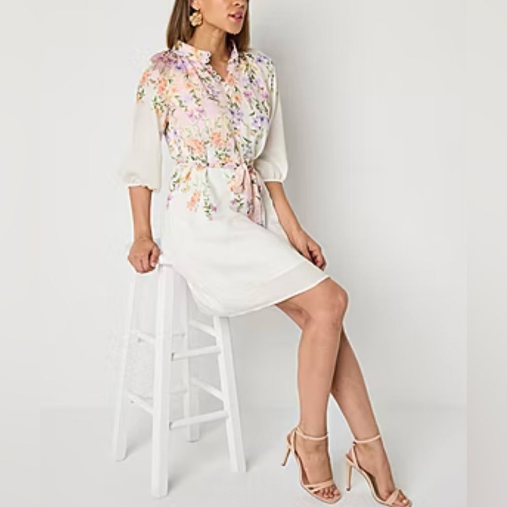 52seven 12P White Floral Mock Neck Button Front 3/4 Sleeve Belted Dress